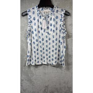 Lucky Brand NEW Top Womens S White Blue Geometric Sleeveless V-Neck Tie Stretch